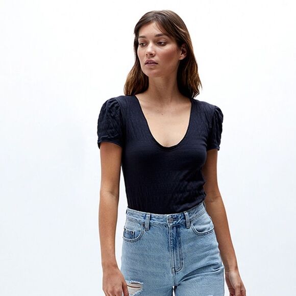 Free People We The Free Sugar Cube Smocked Short Sleeve Blue  Size L - Picture 1 of 6